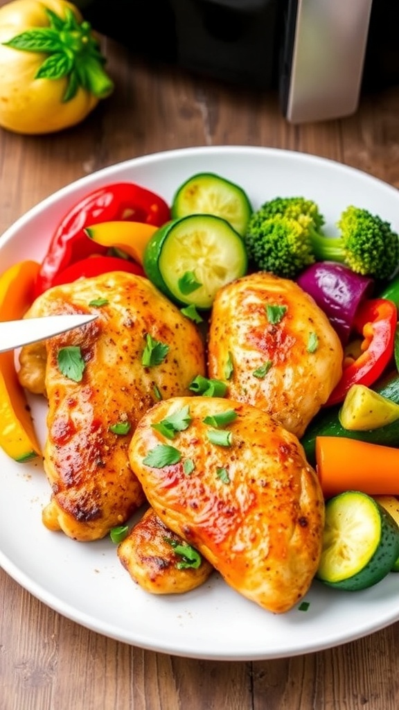 Simple Air Fryer Chicken and Vegetables Air fryer chicken and vegetables on a plate with bell peppers, zucchini, and broccoli.